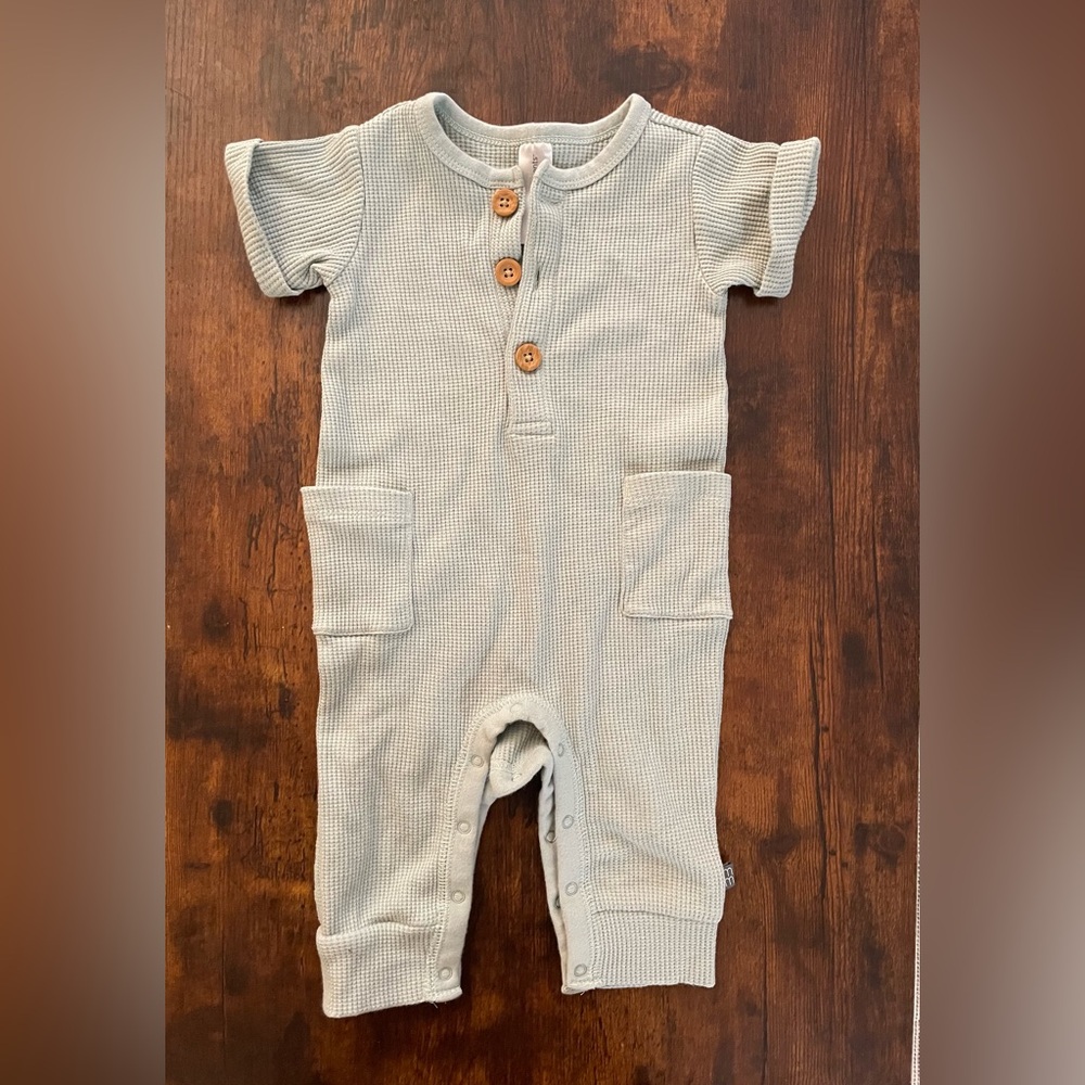 Blue/Green Baby Romper with Wooden Buttons
